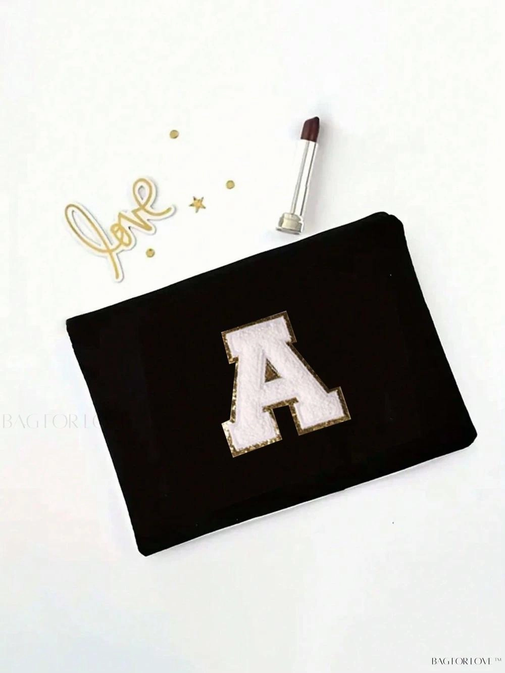 BagForLove - White Small Makeup Pouch with Rose Lettering, Perfect Gift