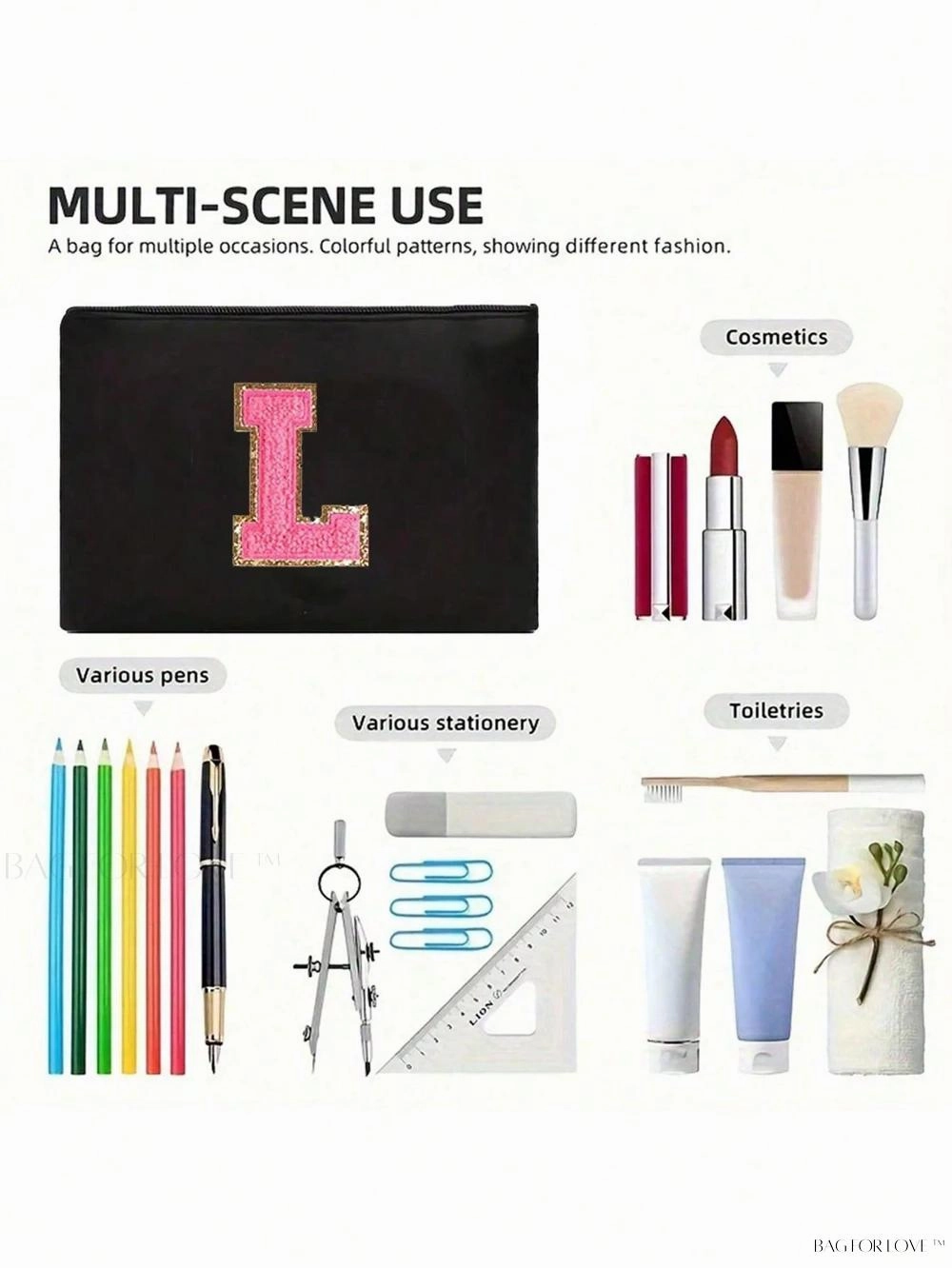 BagForLove - White Small Makeup Pouch with Rose Lettering, Perfect Gift