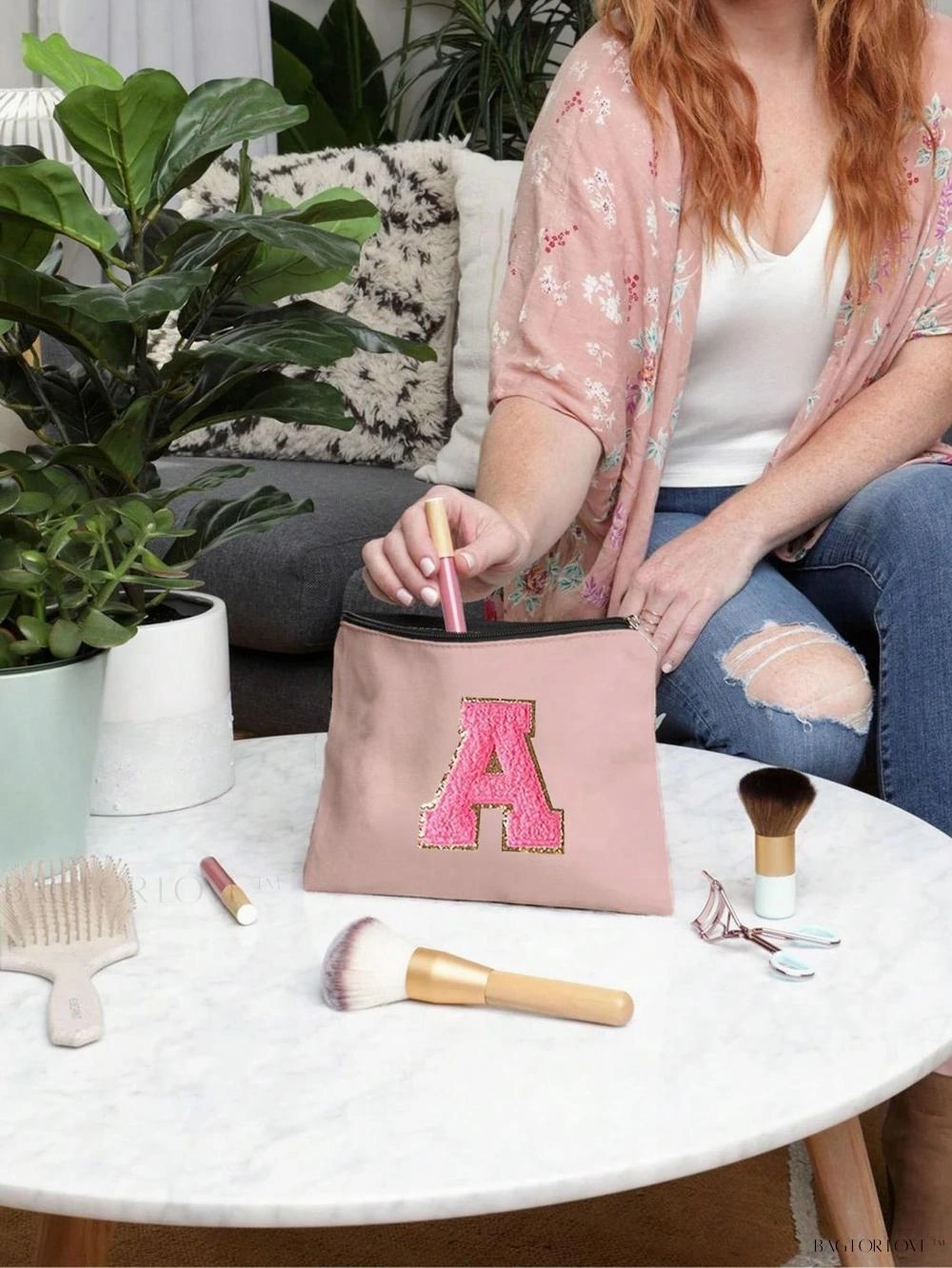 BagForLove - White Small Makeup Pouch with Rose Lettering, Perfect Gift