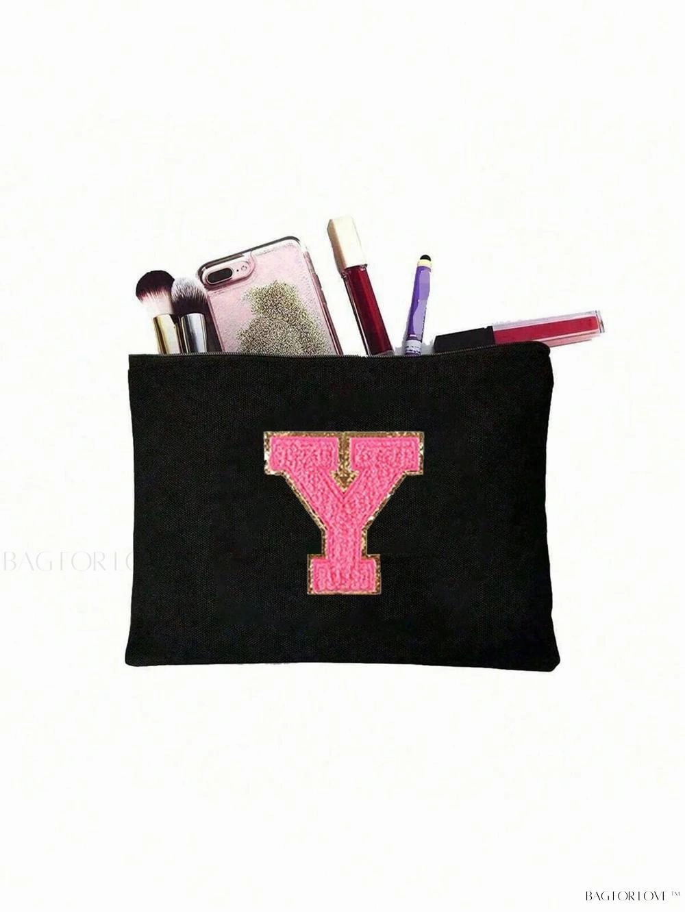 BagForLove - White Small Makeup Pouch with Rose Lettering, Perfect Gift