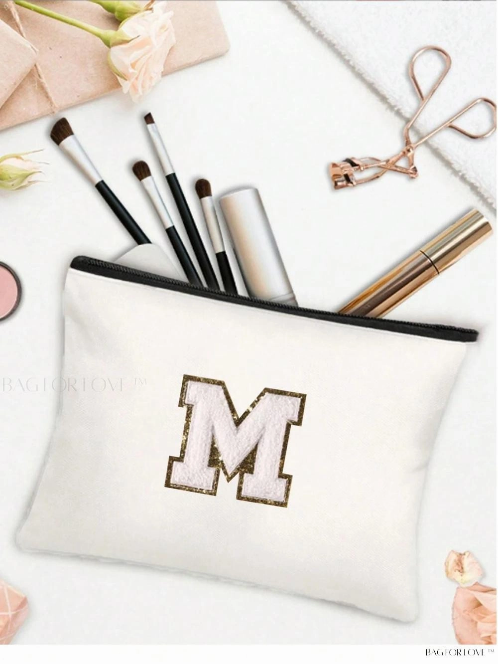 BagForLove - White Small Makeup Pouch with Rose Lettering, Perfect Gift