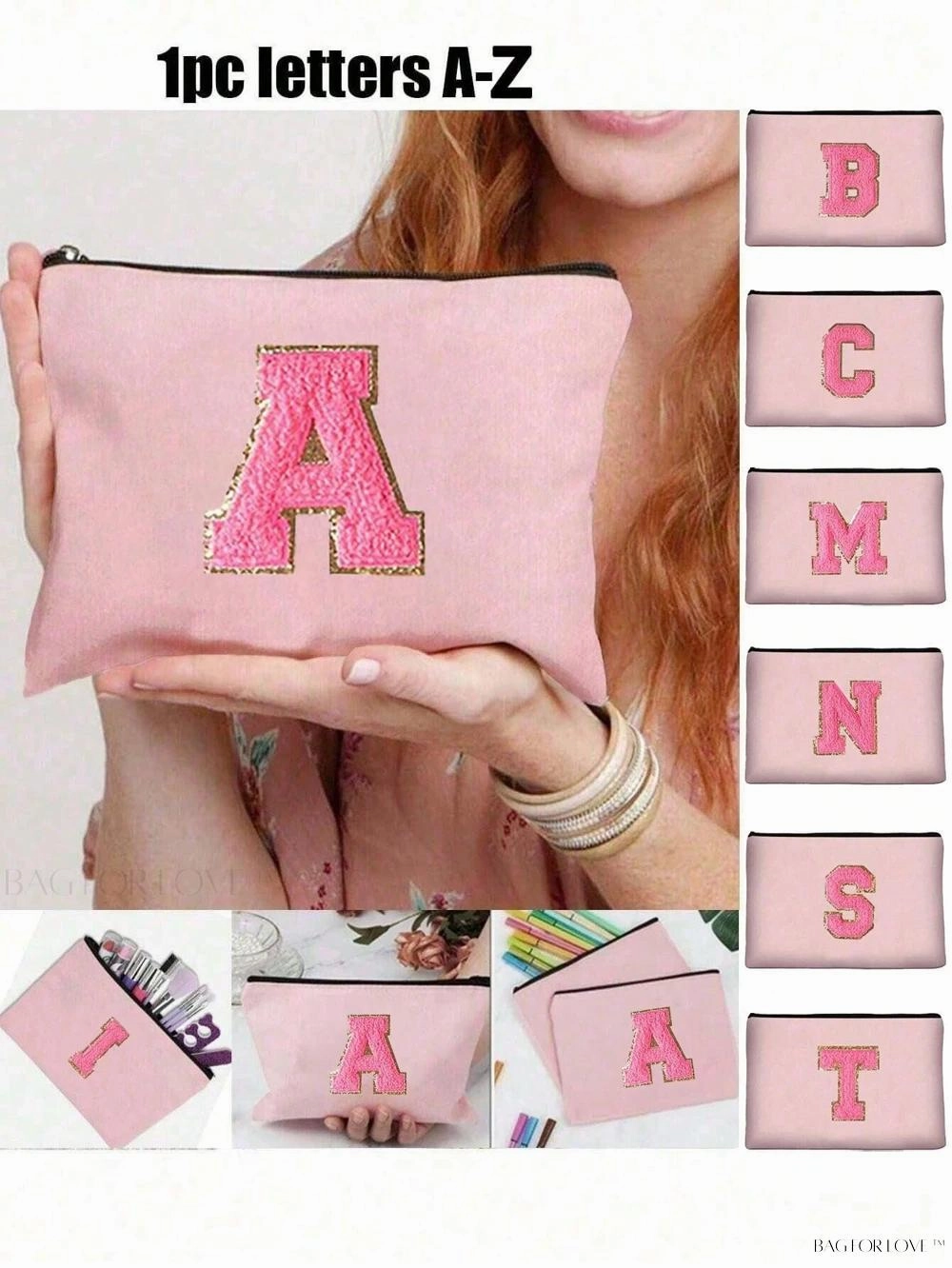 BagForLove - White Small Makeup Pouch with Rose Lettering, Perfect Gift