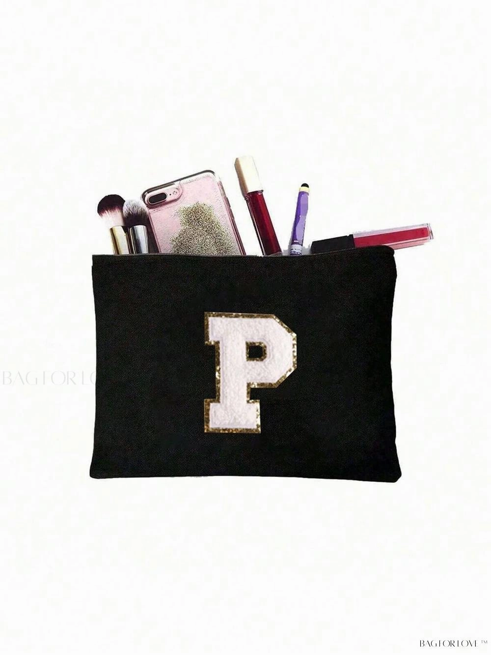 BagForLove - White Small Makeup Pouch with Rose Lettering, Perfect Gift