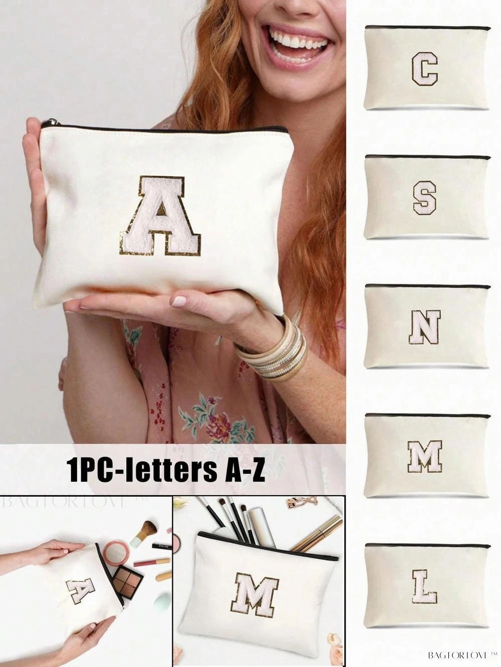 BagForLove - White Small Makeup Pouch with Rose Lettering, Perfect Gift