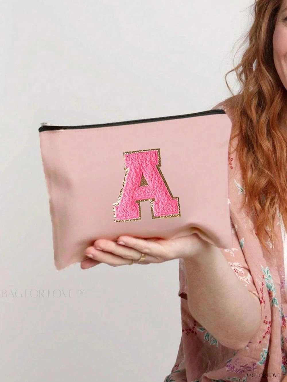 BagForLove - White Small Makeup Pouch with Rose Lettering, Perfect Gift