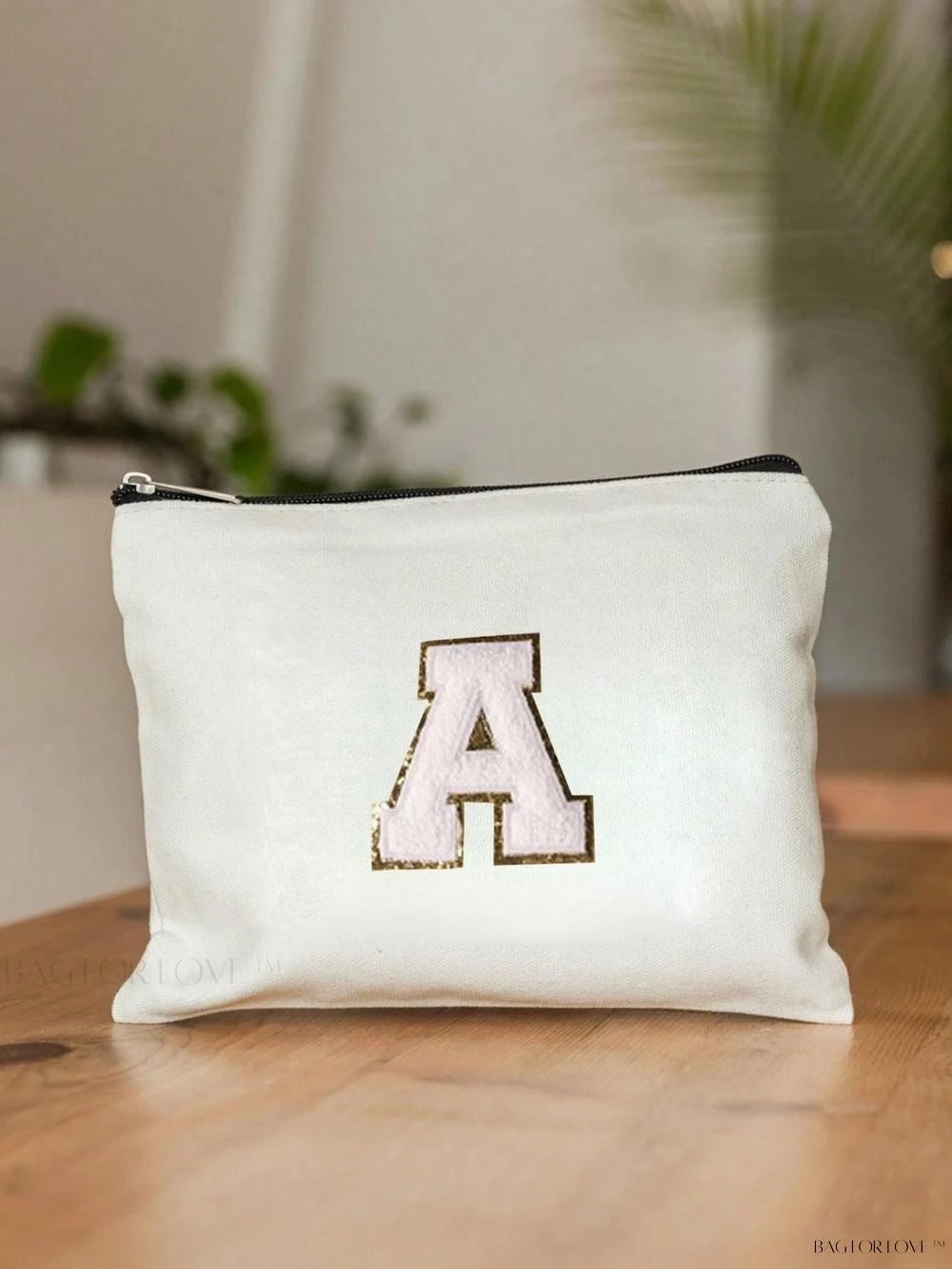 BagForLove - White Small Makeup Pouch with Rose Lettering, Perfect Gift