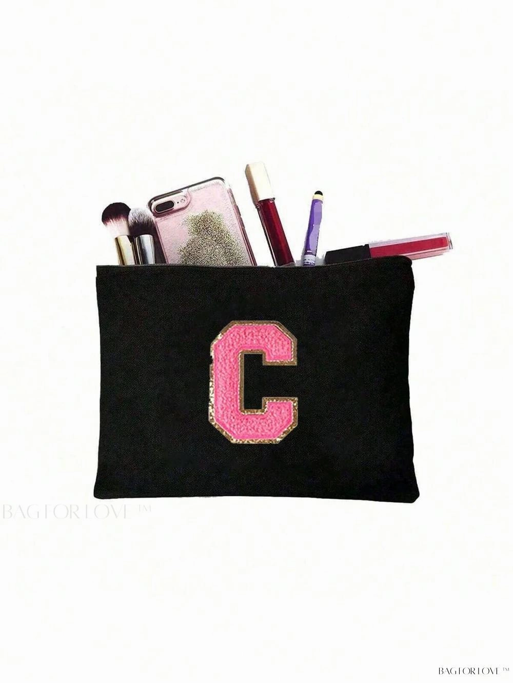 BagForLove - White Small Makeup Pouch with Rose Lettering, Perfect Gift