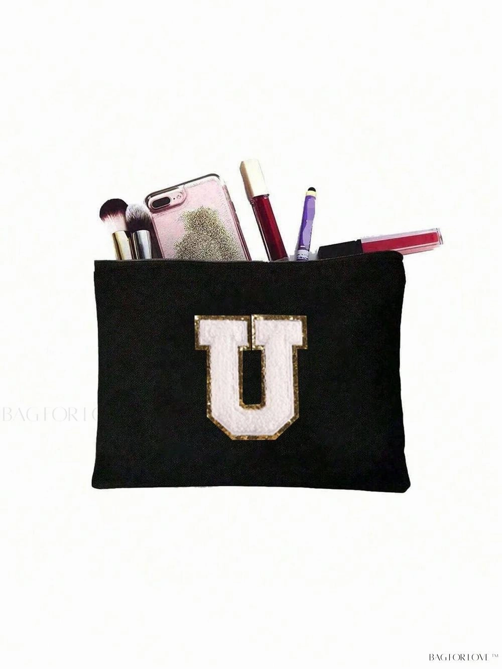 BagForLove - White Small Makeup Pouch with Rose Lettering, Perfect Gift