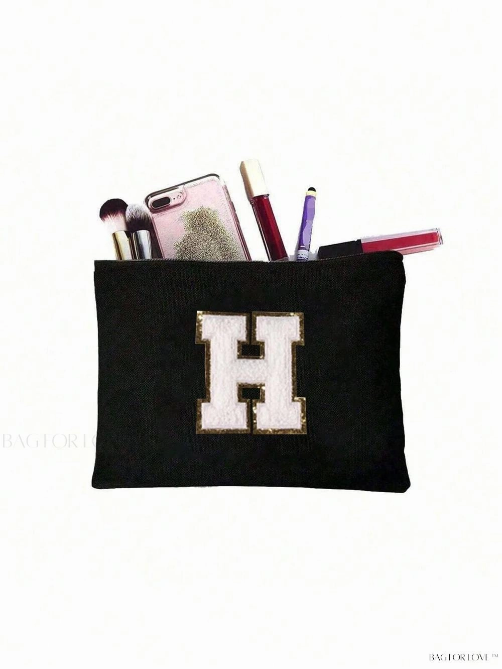BagForLove - White Small Makeup Pouch with Rose Lettering, Perfect Gift