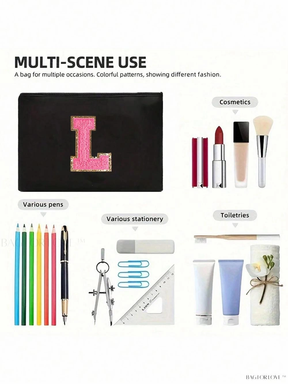 BagForLove - White Small Makeup Pouch with Rose Lettering, Perfect Gift