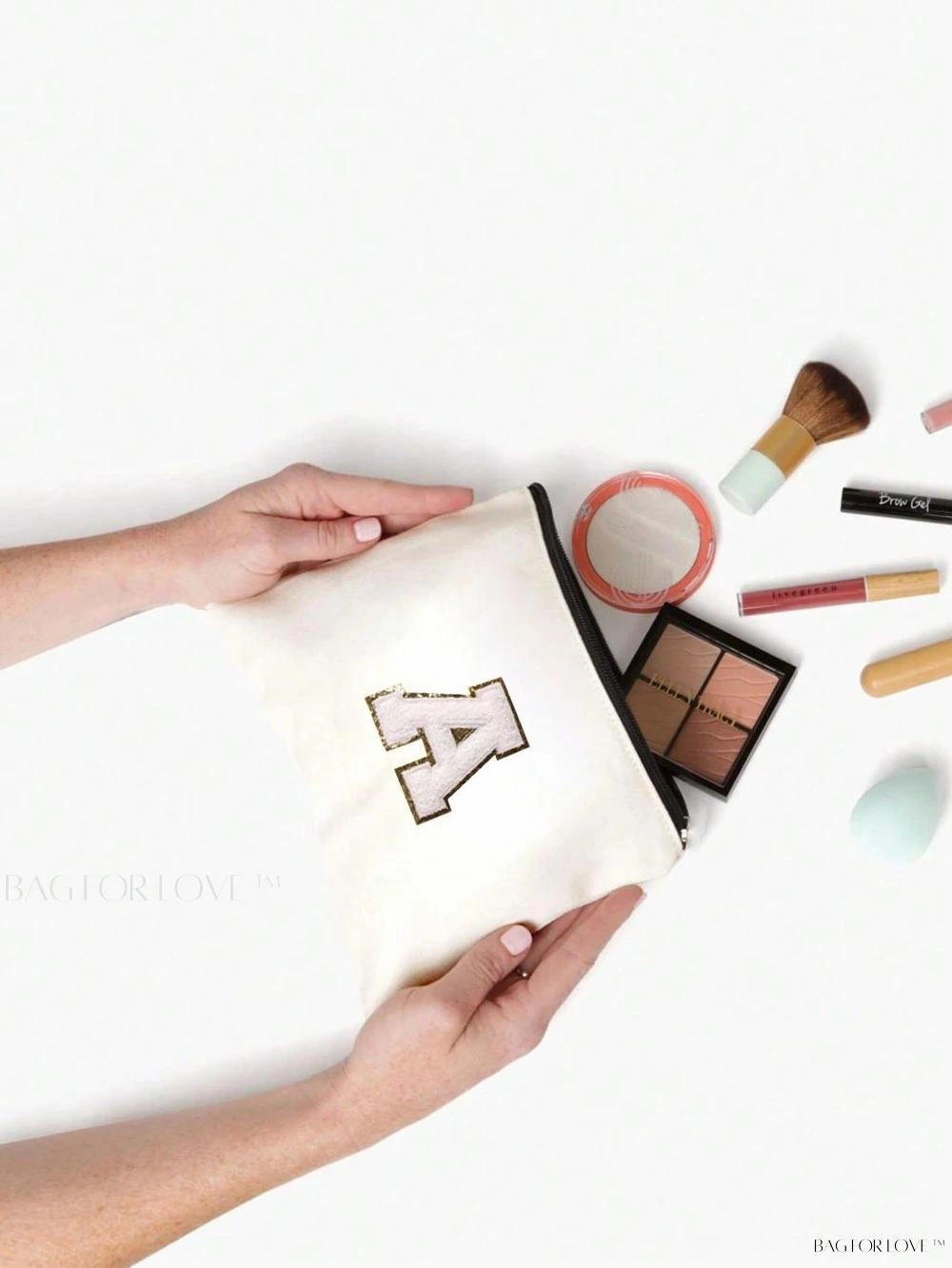 BagForLove - White Small Makeup Pouch with Rose Lettering, Perfect Gift