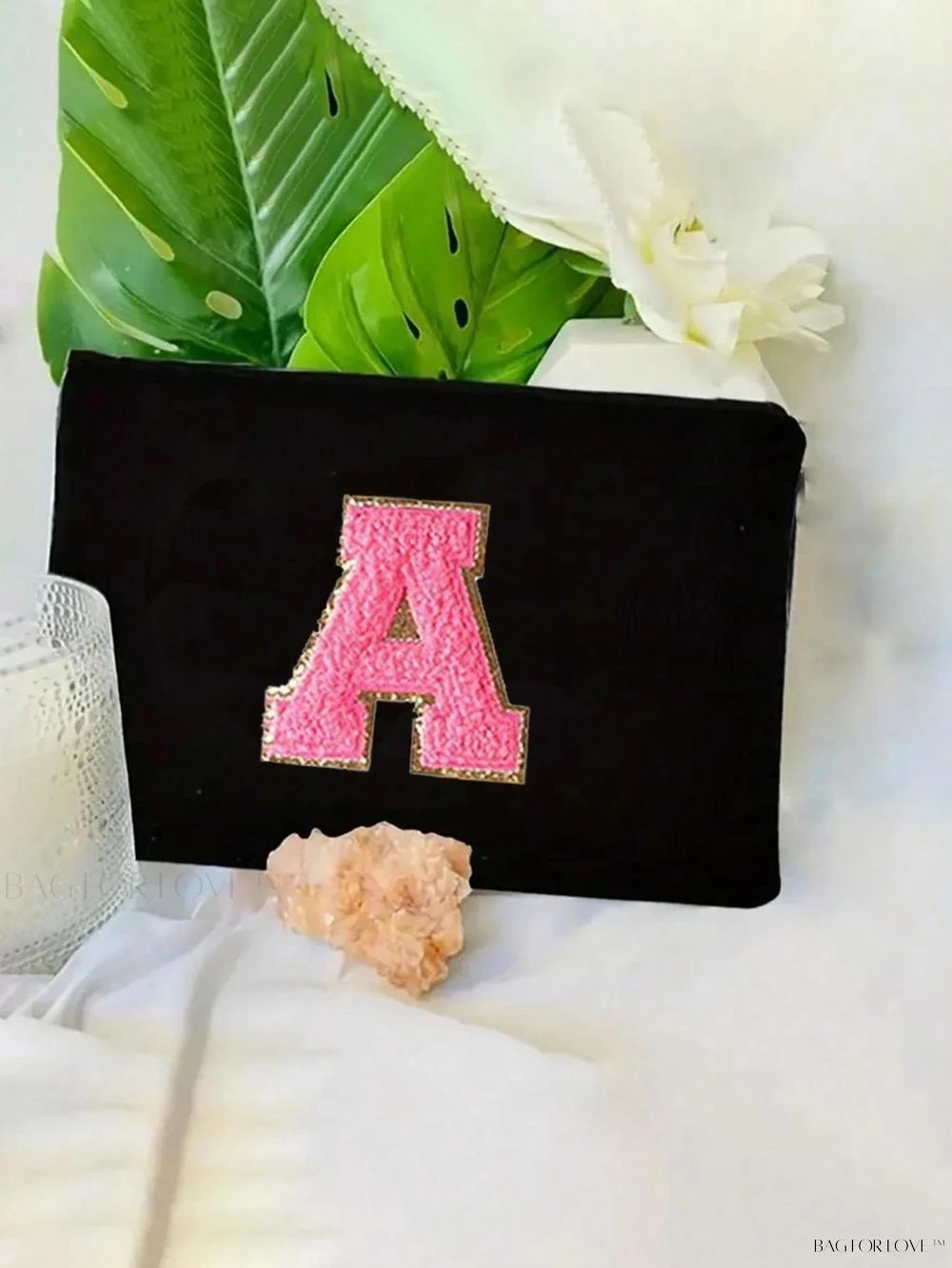 BagForLove - White Small Makeup Pouch with Rose Lettering, Perfect Gift