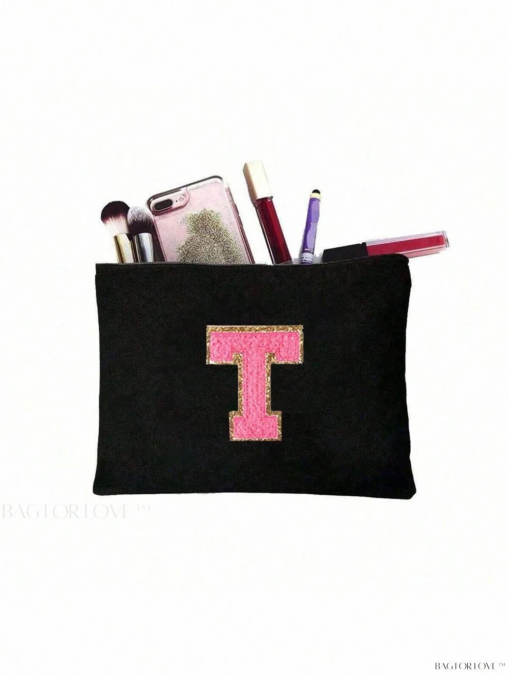 BagForLove - White Small Makeup Pouch with Rose Lettering, Perfect Gift