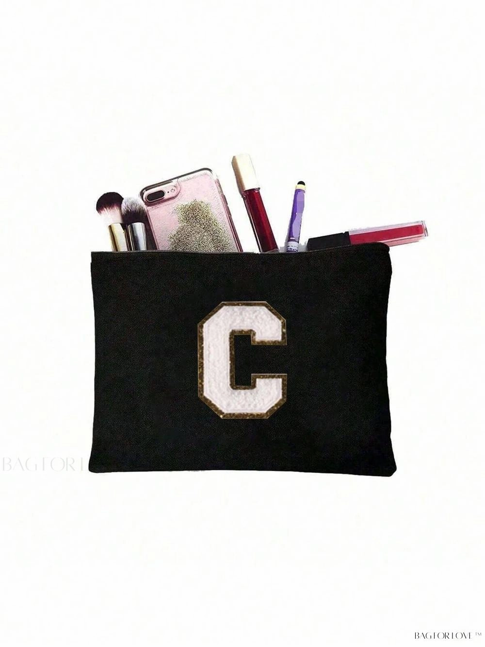 BagForLove - White Small Makeup Pouch with Rose Lettering, Perfect Gift