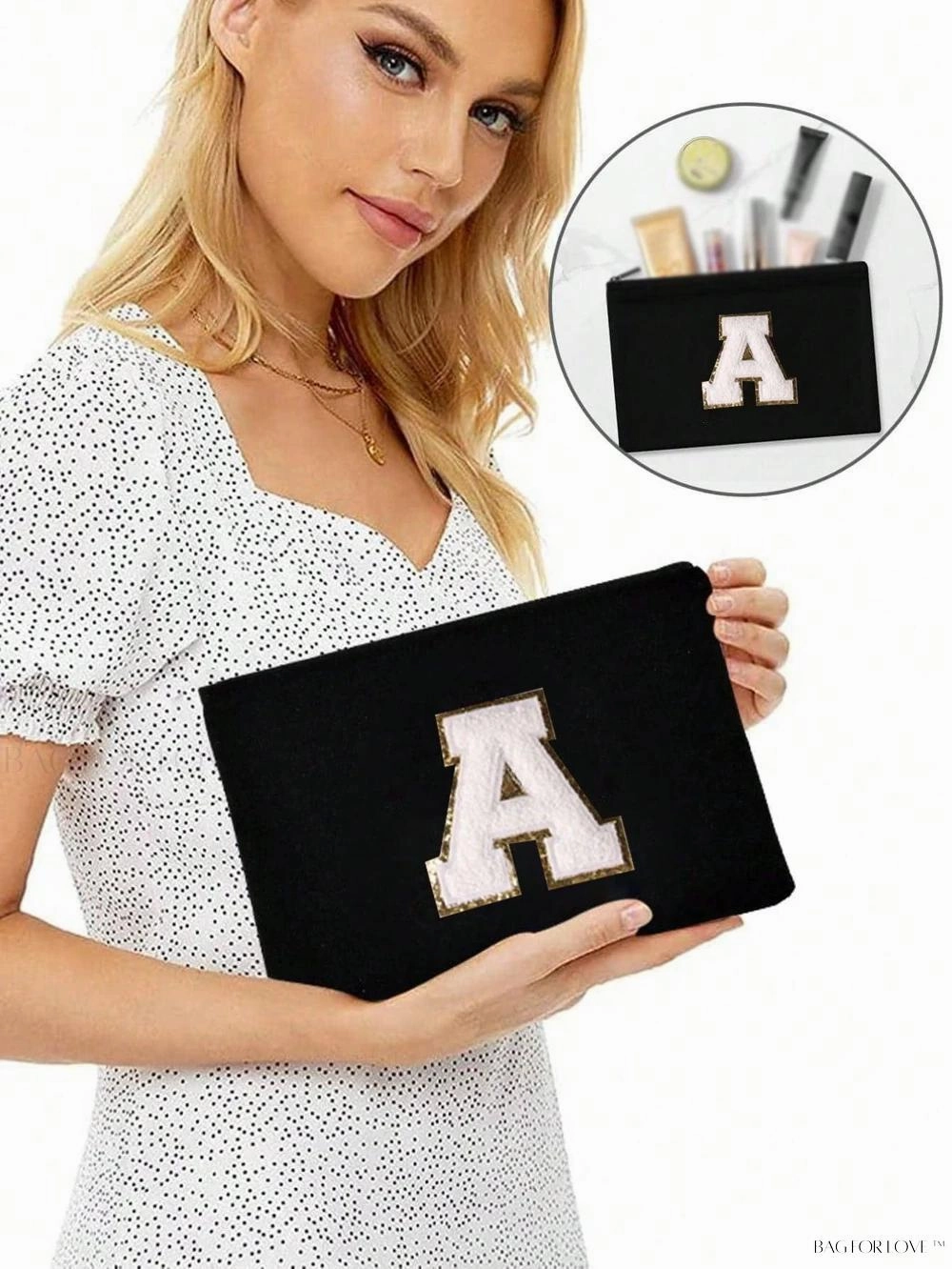 BagForLove - White Small Makeup Pouch with Rose Lettering, Perfect Gift