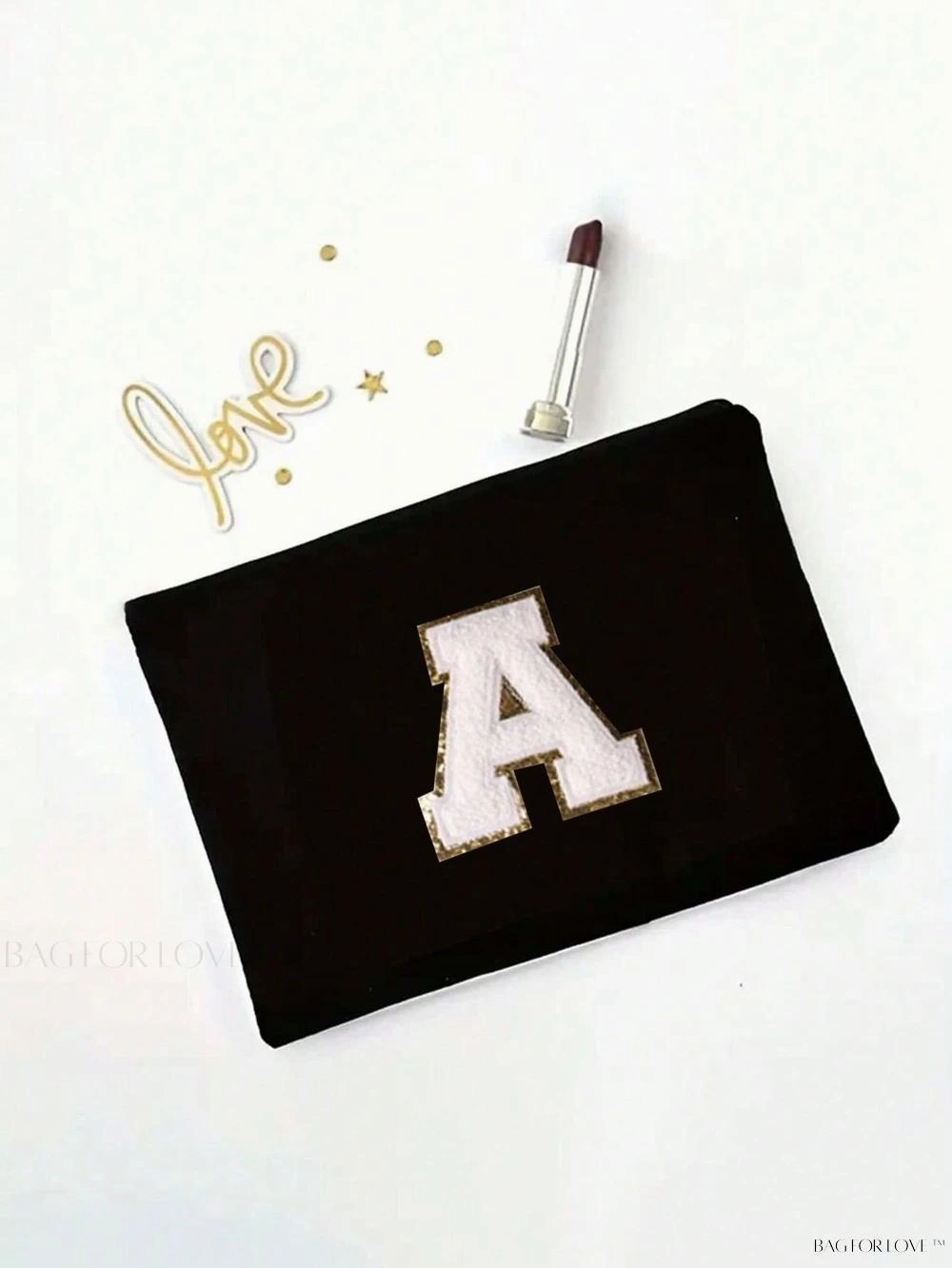 BagForLove - White Small Makeup Pouch with Rose Lettering, Perfect Gift