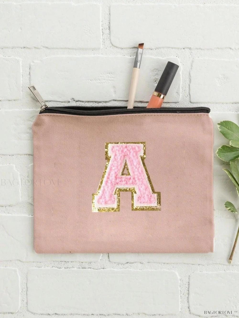 BagForLove - White Small Makeup Pouch with Rose Lettering, Perfect Gift