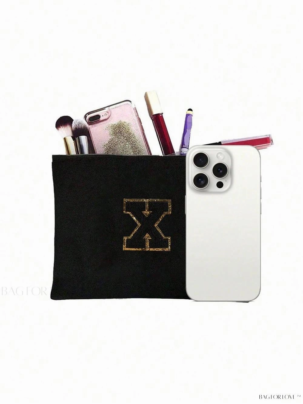 BagForLove - White Small Makeup Pouch with Rose Lettering, Perfect Gift