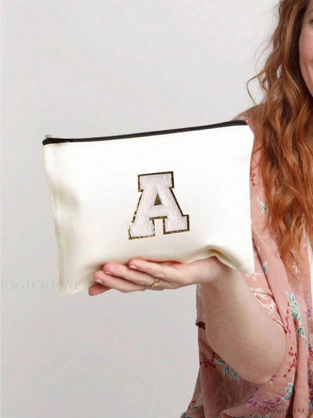 BagForLove - White Small Makeup Pouch with Rose Lettering, Perfect Gift