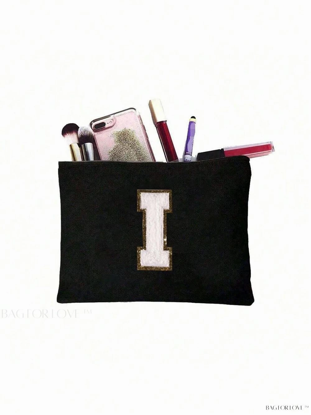 BagForLove - White Small Makeup Pouch with Rose Lettering, Perfect Gift