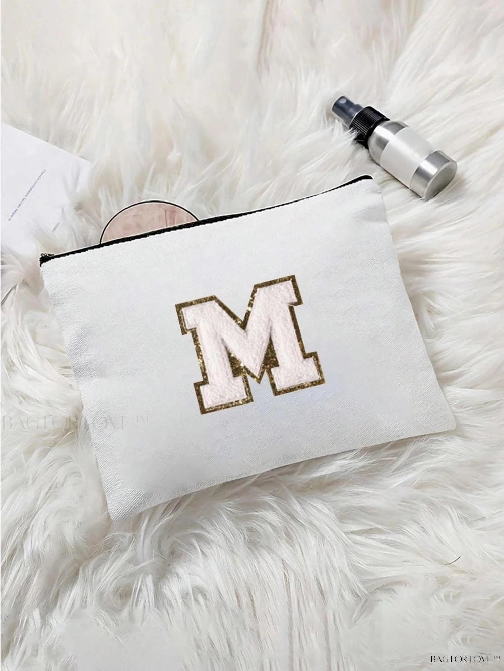 BagForLove - White Small Makeup Pouch with Rose Lettering, Perfect Gift