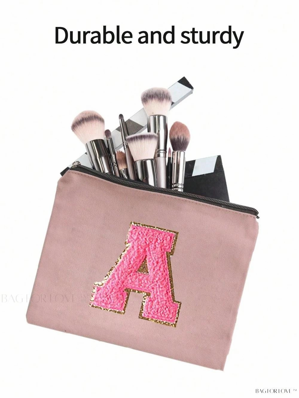 BagForLove - White Small Makeup Pouch with Rose Lettering, Perfect Gift