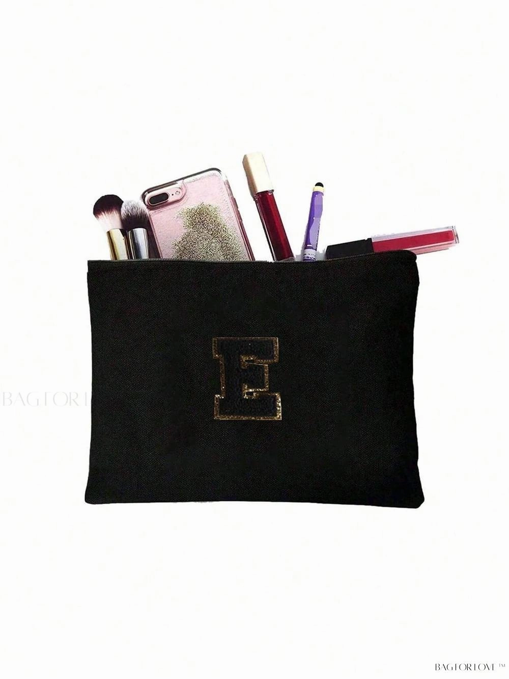 BagForLove - White Small Makeup Pouch with Rose Lettering, Perfect Gift