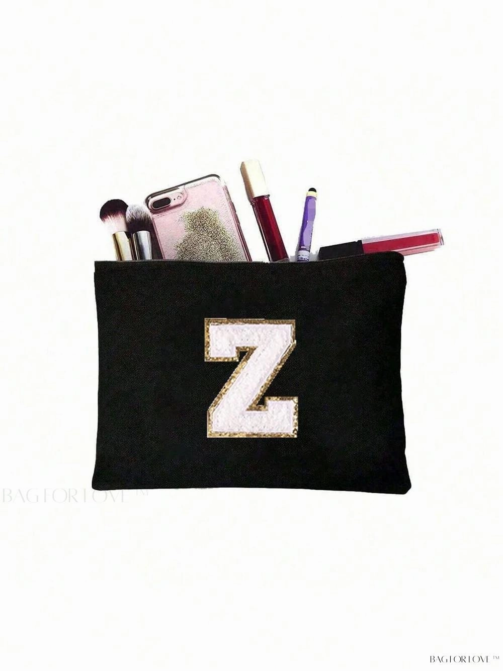 BagForLove - White Small Makeup Pouch with Rose Lettering, Perfect Gift