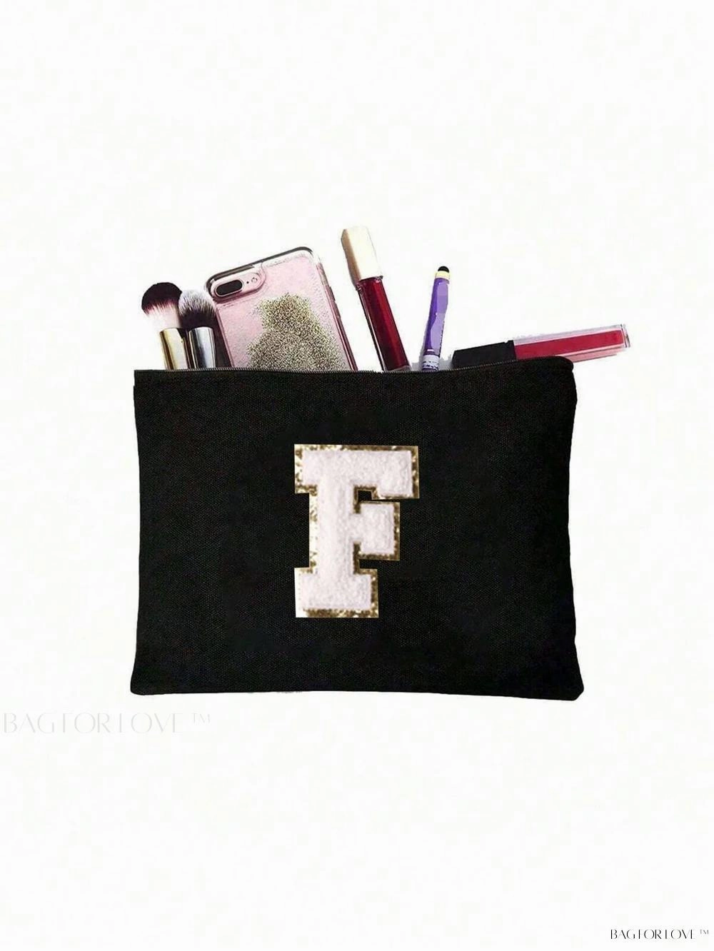 BagForLove - White Small Makeup Pouch with Rose Lettering, Perfect Gift