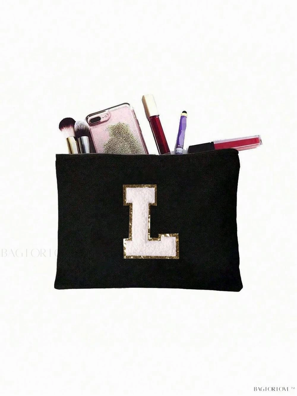 BagForLove - White Small Makeup Pouch with Rose Lettering, Perfect Gift