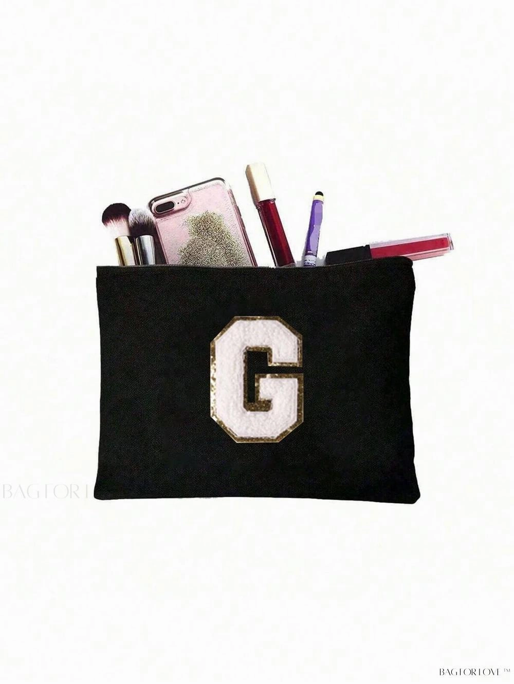 BagForLove - White Small Makeup Pouch with Rose Lettering, Perfect Gift