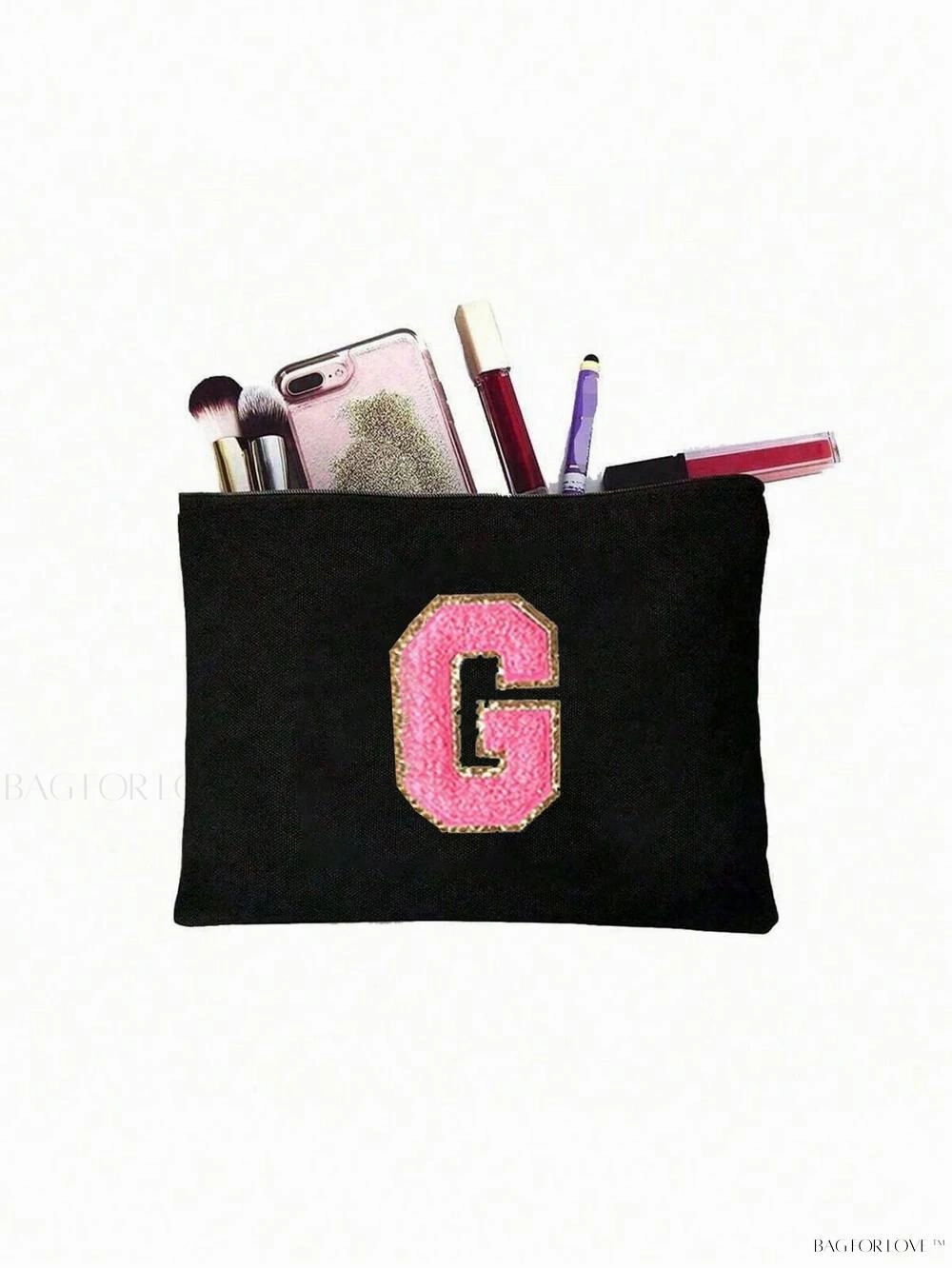 BagForLove - White Small Makeup Pouch with Rose Lettering, Perfect Gift
