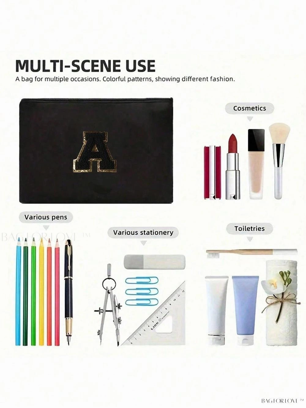 BagForLove - White Small Makeup Pouch with Rose Lettering, Perfect Gift