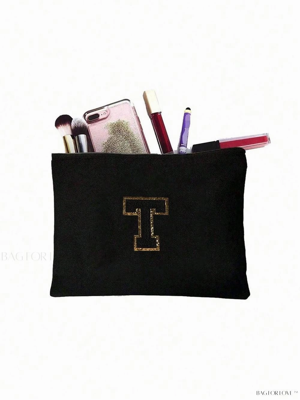 BagForLove - White Small Makeup Pouch with Rose Lettering, Perfect Gift