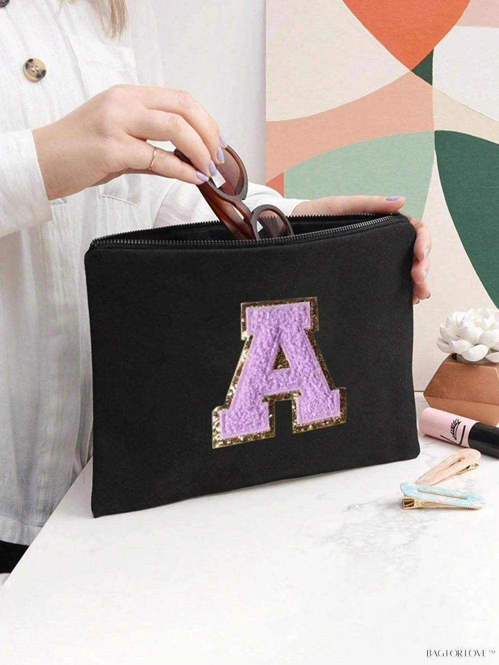 BagForLove - White Small Makeup Pouch with Rose Lettering, Perfect Gift