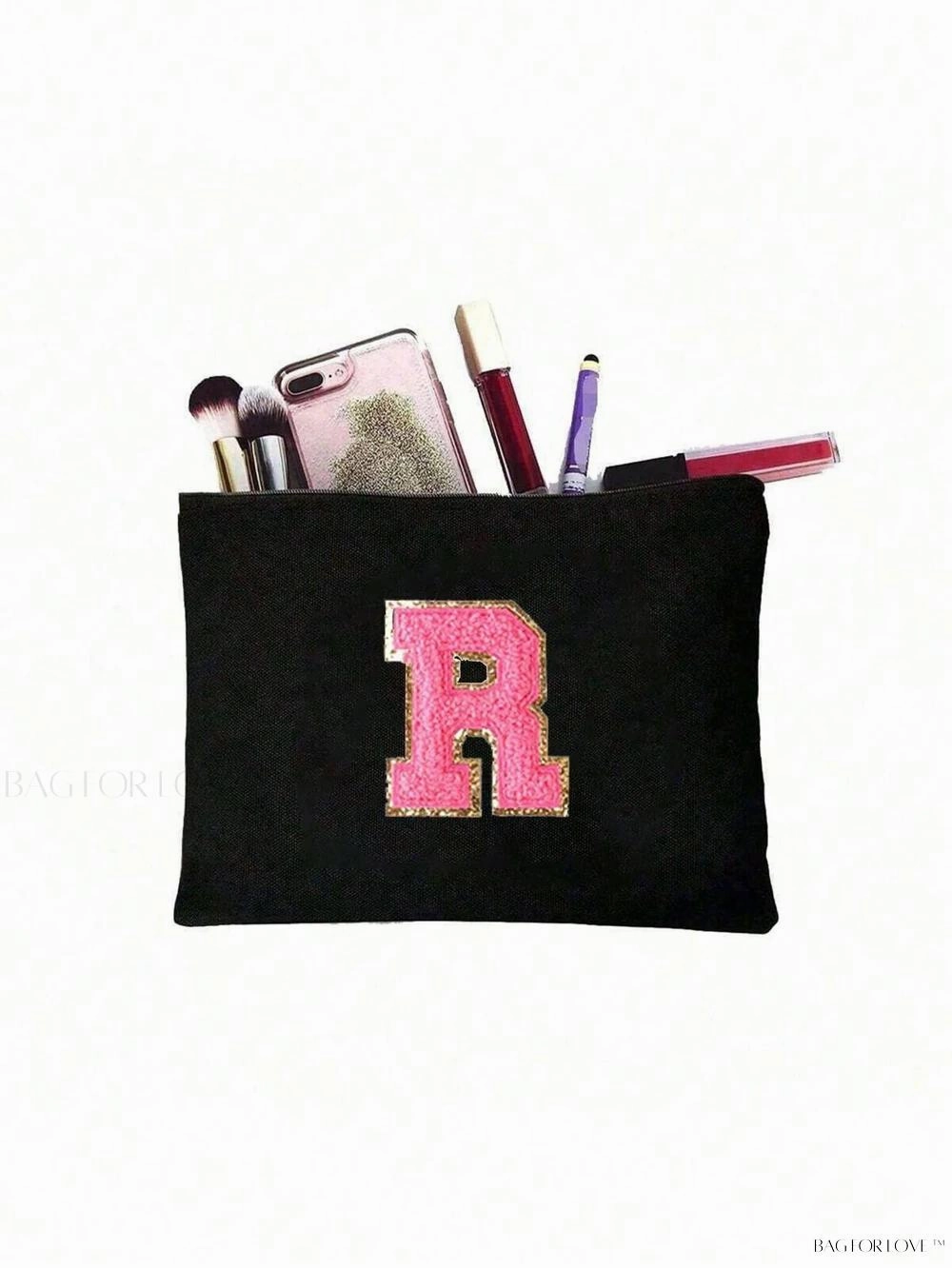 BagForLove - White Small Makeup Pouch with Rose Lettering, Perfect Gift
