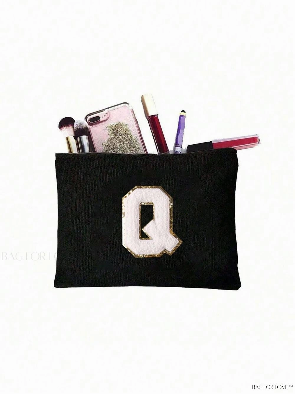 BagForLove - White Small Makeup Pouch with Rose Lettering, Perfect Gift