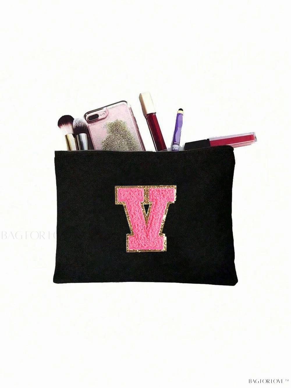 BagForLove - White Small Makeup Pouch with Rose Lettering, Perfect Gift