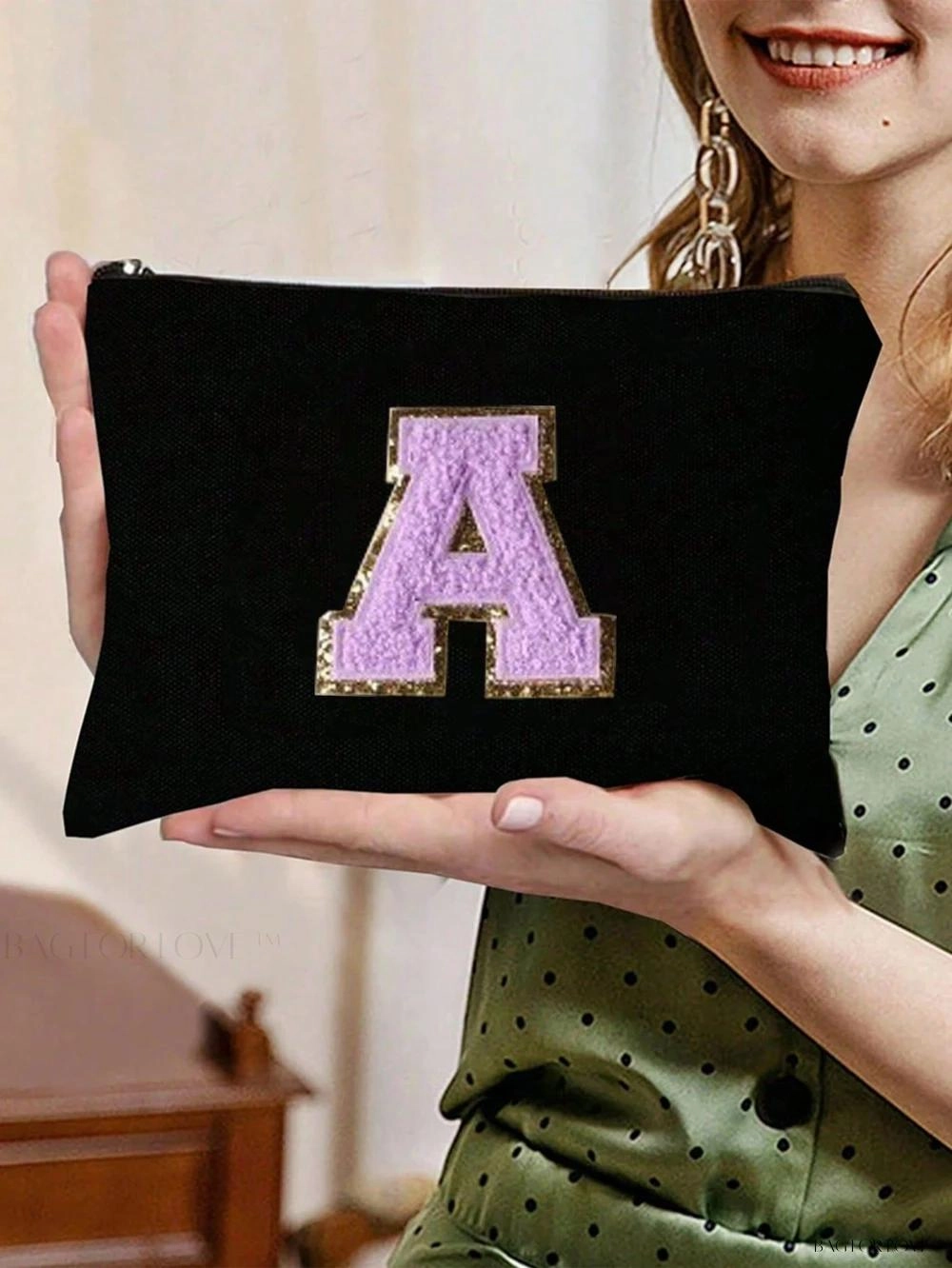 BagForLove - White Small Makeup Pouch with Rose Lettering, Perfect Gift