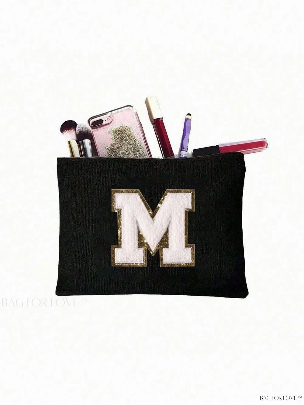 BagForLove - White Small Makeup Pouch with Rose Lettering, Perfect Gift