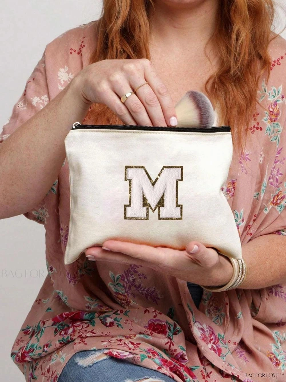 BagForLove - White Small Makeup Pouch with Rose Lettering, Perfect Gift