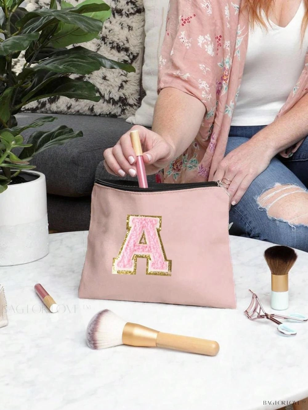 BagForLove - White Small Makeup Pouch with Rose Lettering, Perfect Gift