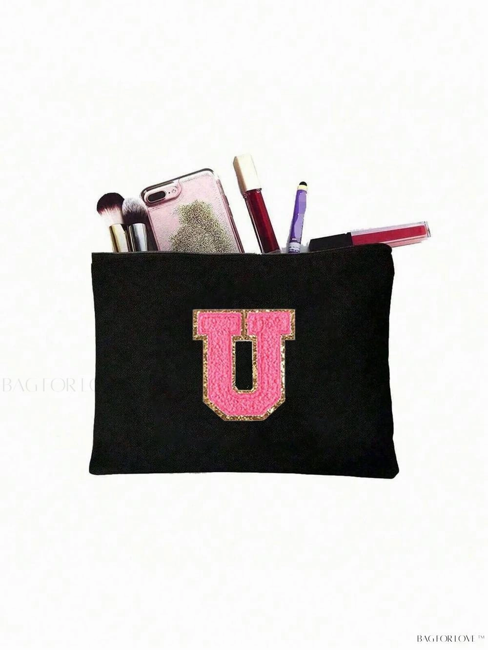 BagForLove - White Small Makeup Pouch with Rose Lettering, Perfect Gift