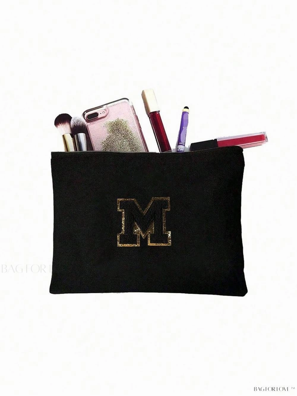 BagForLove - White Small Makeup Pouch with Rose Lettering, Perfect Gift