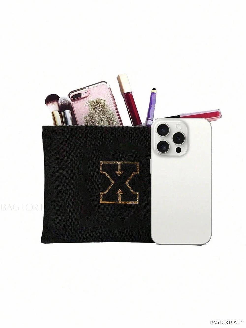BagForLove - White Small Makeup Pouch with Rose Lettering, Perfect Gift