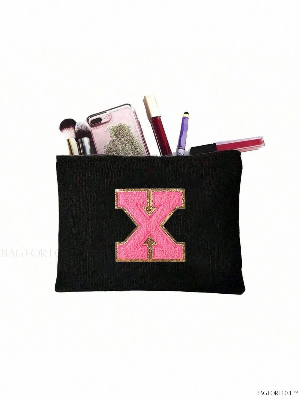 BagForLove - White Small Makeup Pouch with Rose Lettering, Perfect Gift