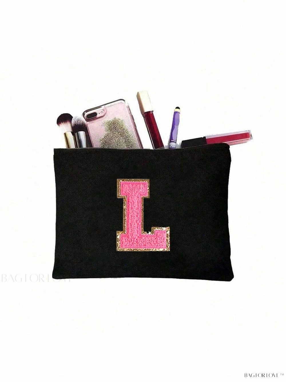 BagForLove - White Small Makeup Pouch with Rose Lettering, Perfect Gift