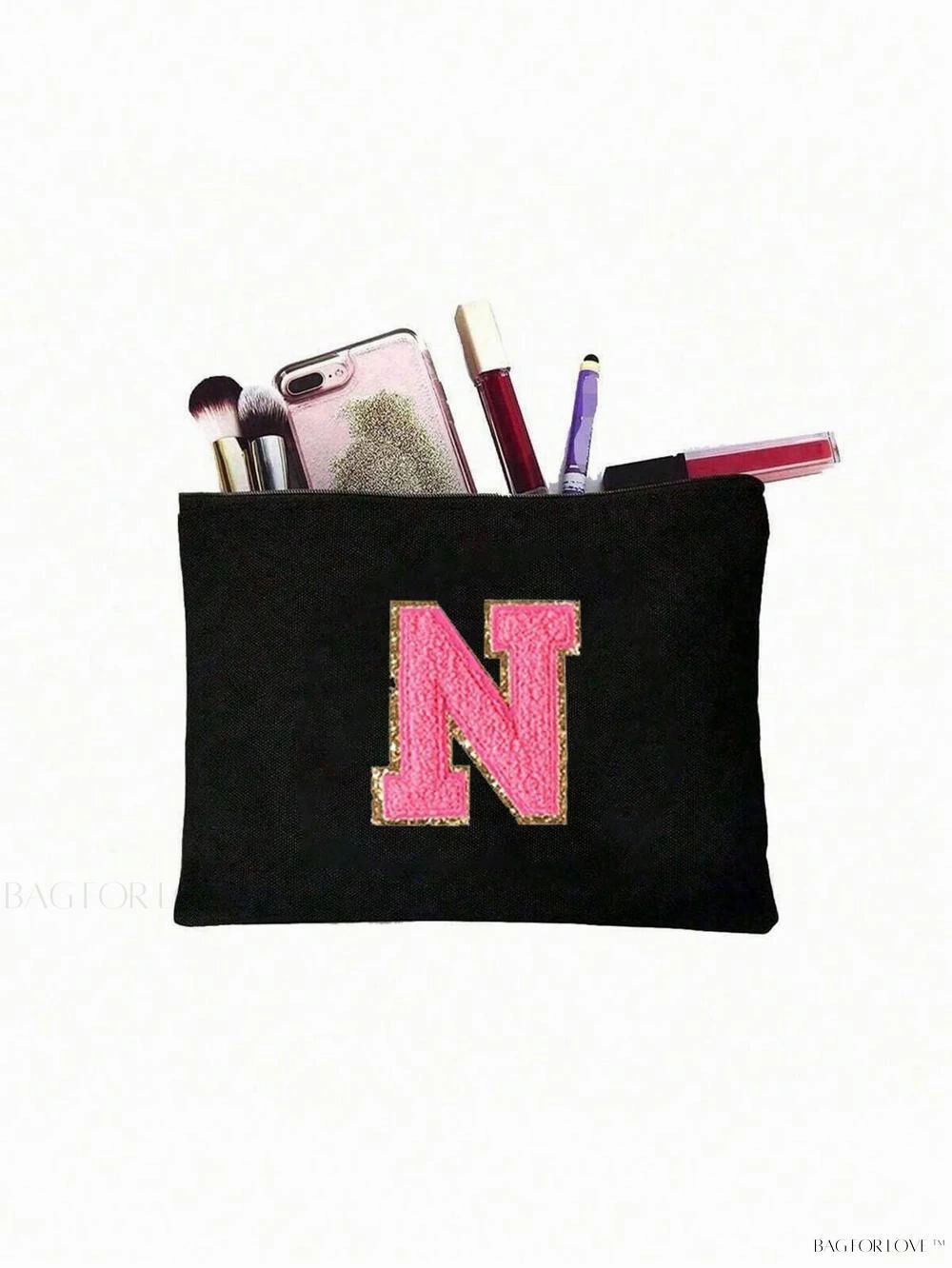 BagForLove - White Small Makeup Pouch with Rose Lettering, Perfect Gift