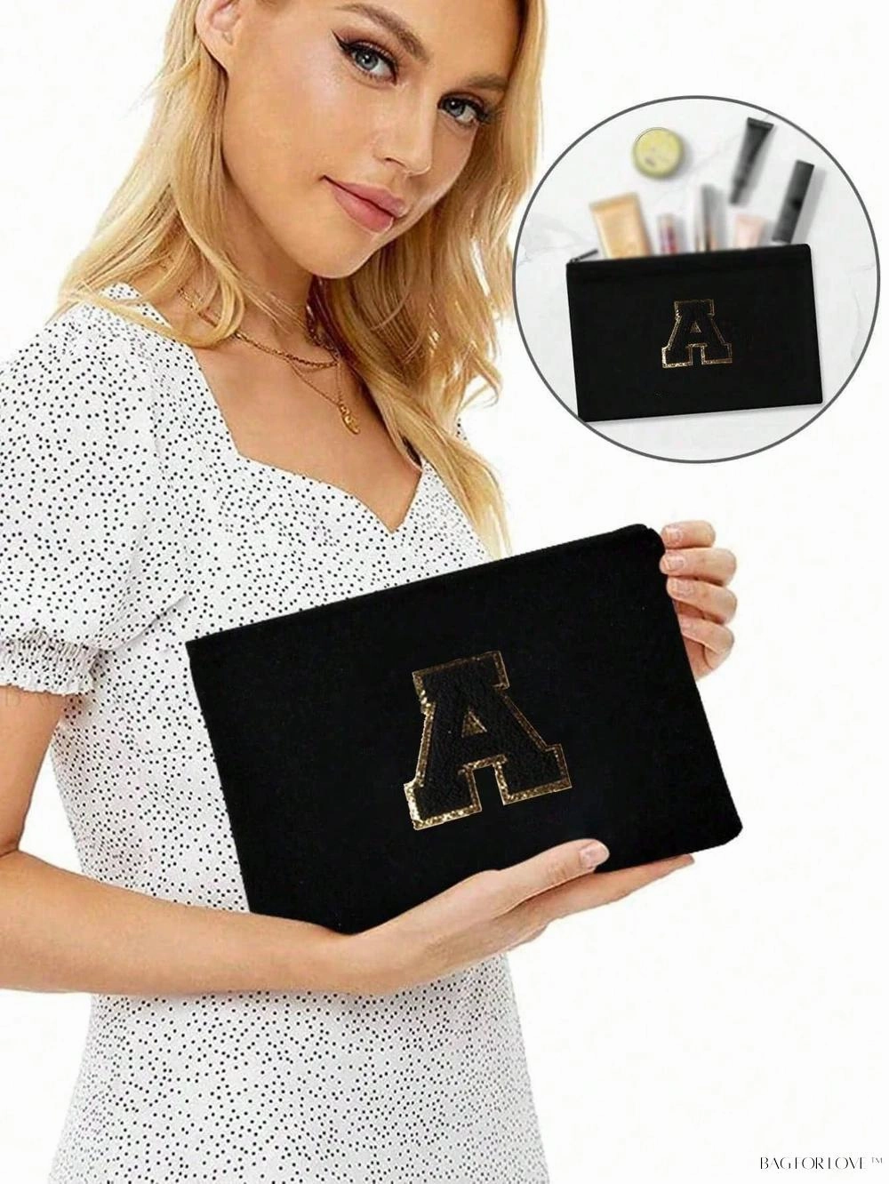 BagForLove - White Small Makeup Pouch with Rose Lettering, Perfect Gift