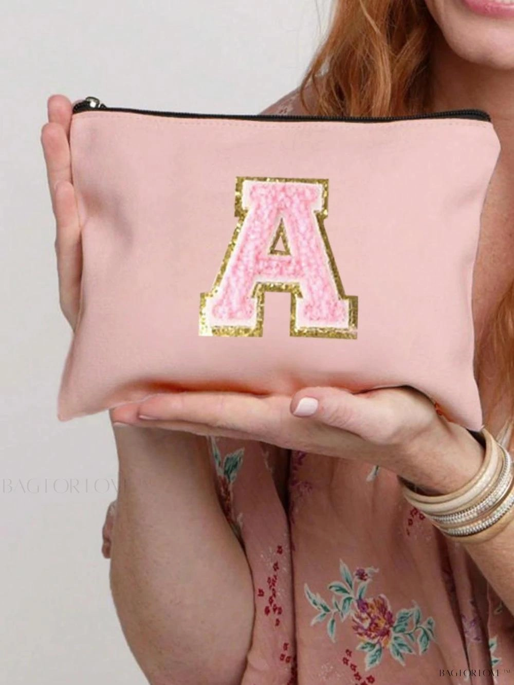 BagForLove - White Small Makeup Pouch with Rose Lettering, Perfect Gift